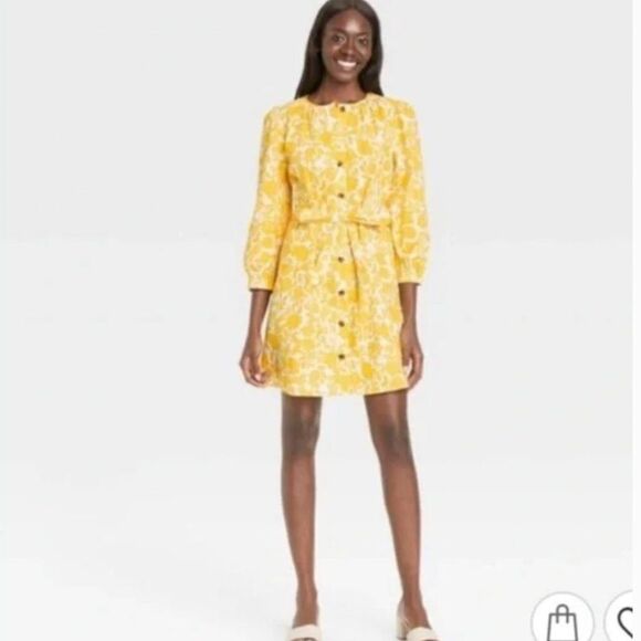 Who What Wear SZ M Yellow/White Floral Print Button Down Cotton Dress - Picture 2 of 3